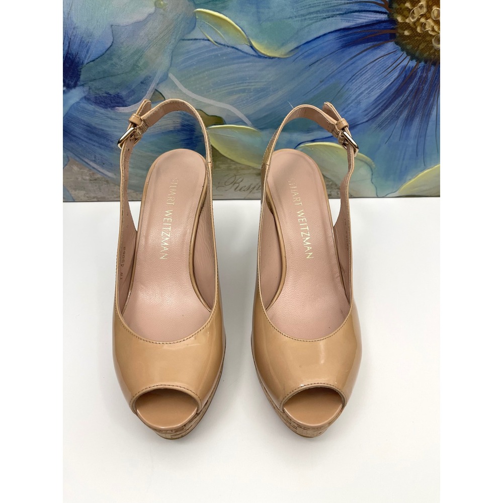 Stuart Weitzman Nude Patent Leather Cork Platform Wedge Peep Toe Sandals Size 6 - Picture 5 of 9